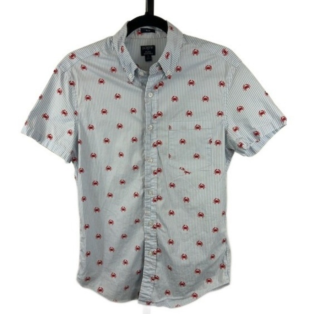 J Crew Top Men's Size Small Slim‎ Fit Short Sleeve Button Down Crab Blue White